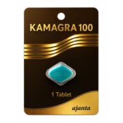 Brown and gold packaging labeled Kamagra 100, with a turquoise tablet image and '1 Tablet' text visible at the bottom.